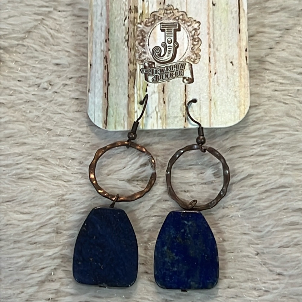 Blue lapis slab on copper hoop earrings-The Jewelry Junkie